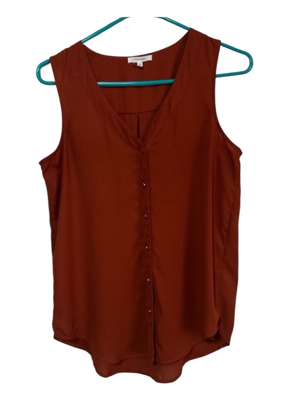 MAURICES Burnt Orange Boho Sleeveless Gold Button Up Flowy Blouse Size Small